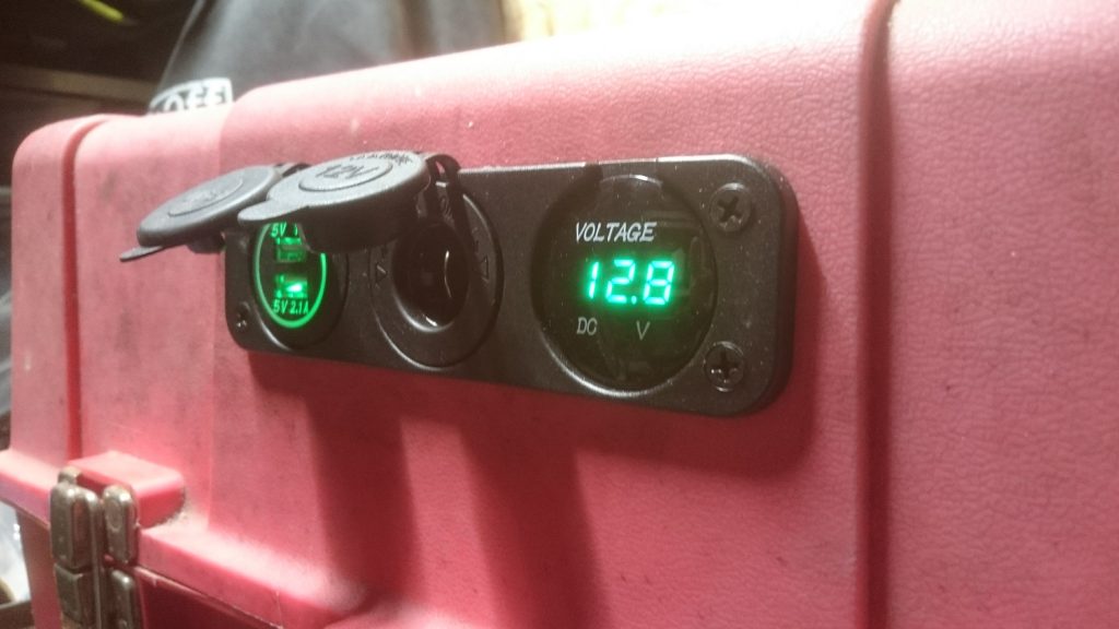 Leisure battery built into an old toolbox with USB sockets and voltmeter