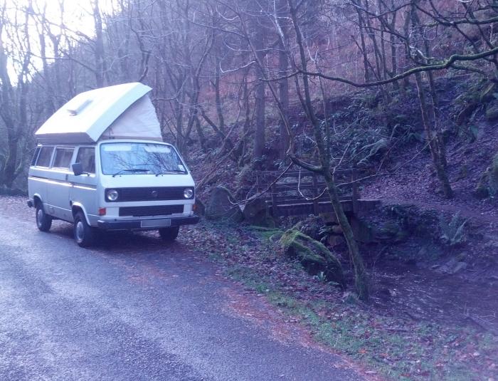 lunch in cwncarn forest in out vw camper