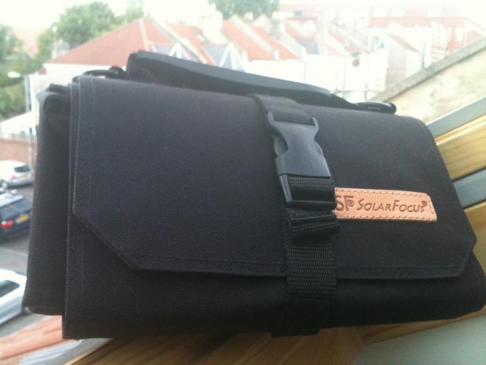 SolarFocus solar charger folded up in its case