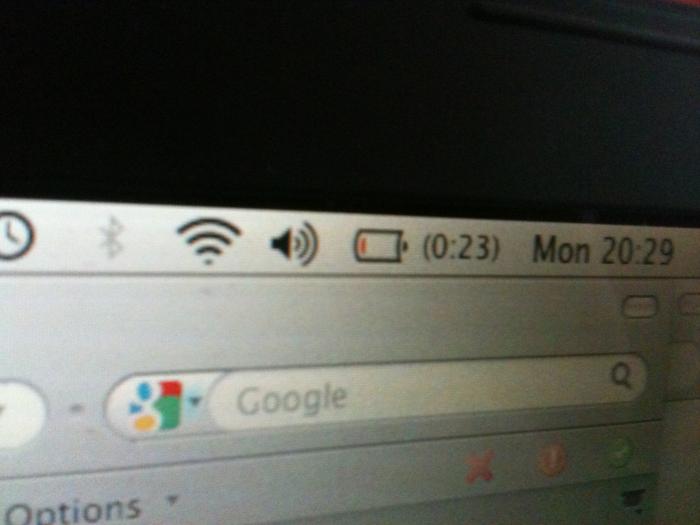 Laptop menu bar showing 23 minutes of battery left