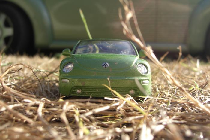 Toy green VW Beetle in the dry grass