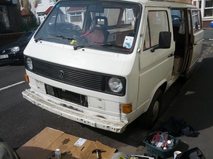 Front of the T25 with tools laid out for repairs