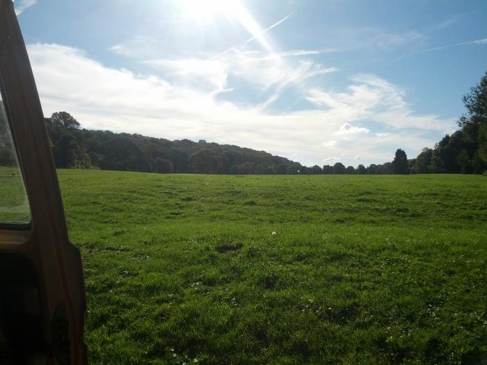 View across a sunny field from the van door