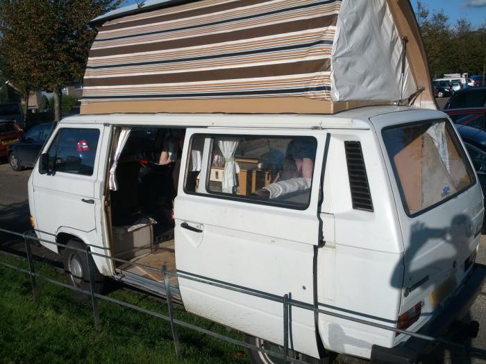 T25 campervan with the pop top raised