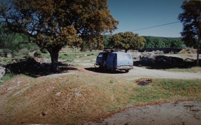 Blue T25 panel van parked under trees in open countryside