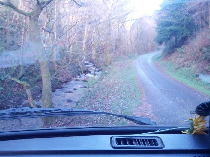 Looking out through the windscreen at a lane beside a stream