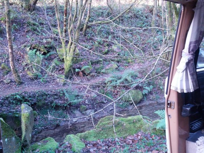 Woodland stream seen from the van's side door
