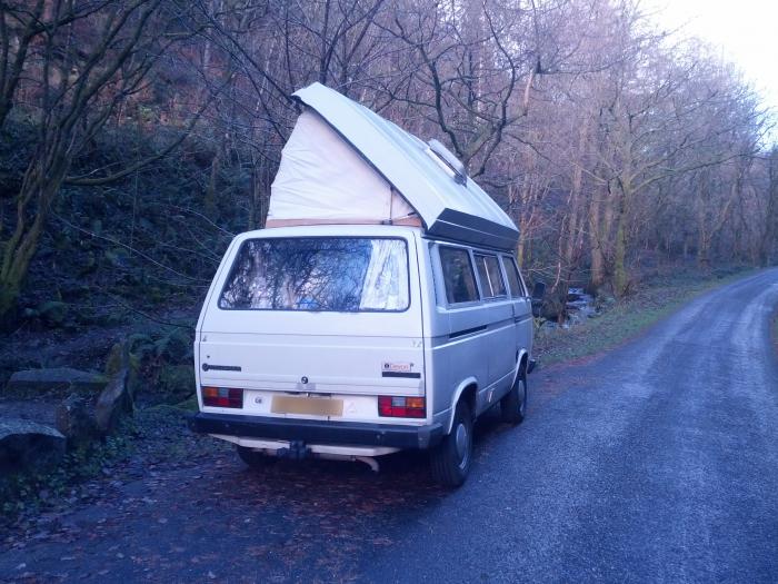 T25 with the pop top raised, parked in a woodland lane