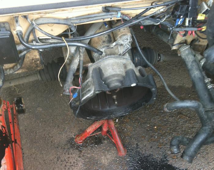 T25 engine bay with the engine removed