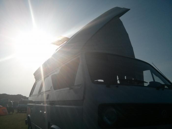 VW T25 on hill end campsite, gower peninsula, wales