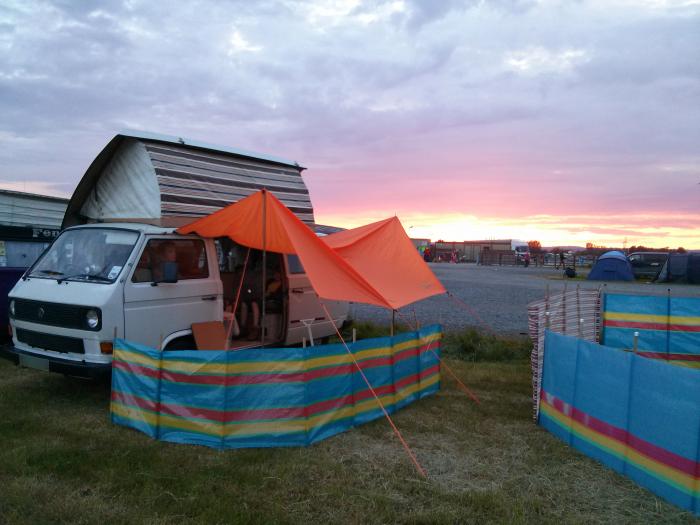 sun setting behind Rocky the VW T25 parked up at Bristol Volksfest