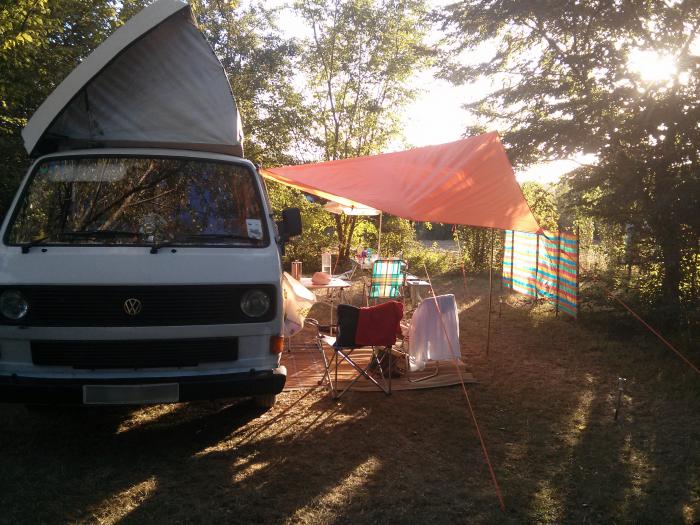 Rocky the T25 parked up at a campsite in La Romieu