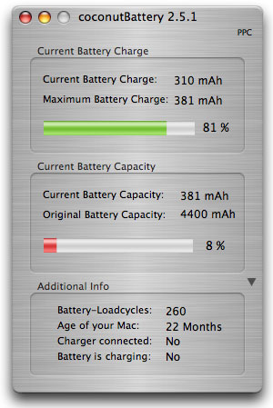 coconut battery app dialogue showing just 8% capacity