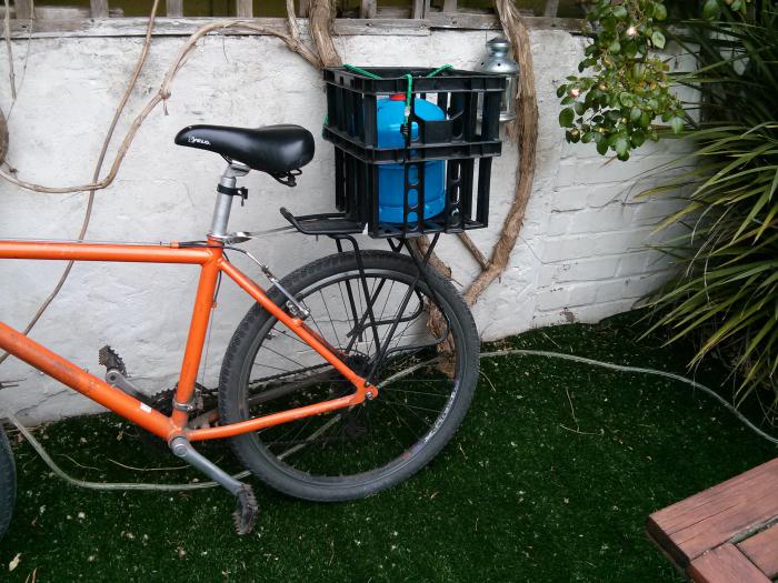 milk crate cargo system on my camper van trip errand bike