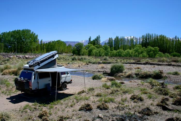 Nacho T25 parked up on a riverbed near Uspallata