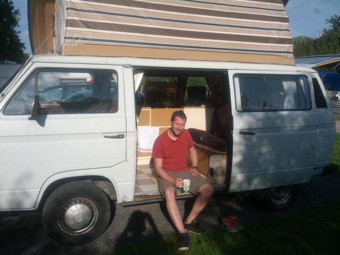 Rick having a cup of tea in his VW T25 camper van